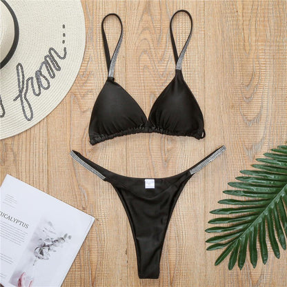 Swimwear Women Micro Bikini  Solid  Black G-String Swimsuits Bathers Bathing Suit 2 Piece Set  Bikinis For Women  Bathing Suit Women's Two-Piece Swimwear
